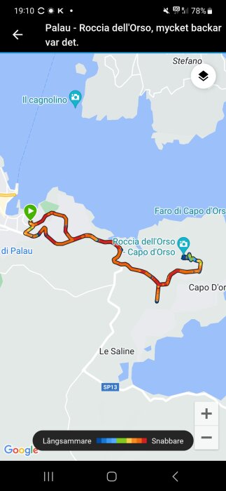 En skärmdump av Google Maps visar en rutt nära Palau, Roccia dell'Orso i Italien.