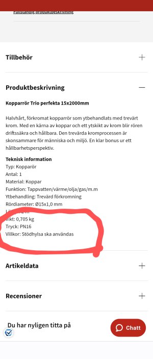 Skärmdump från en webbsida som visar information om ett kopparrör med tekniska specifikationer och röd markering.