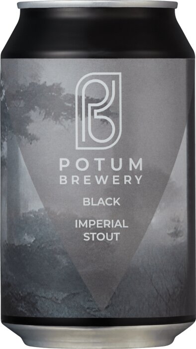 Ölburk med skogsmotiv, Potum Brewery, Black Imperial Stout. Monokrom, minimalistisk design.