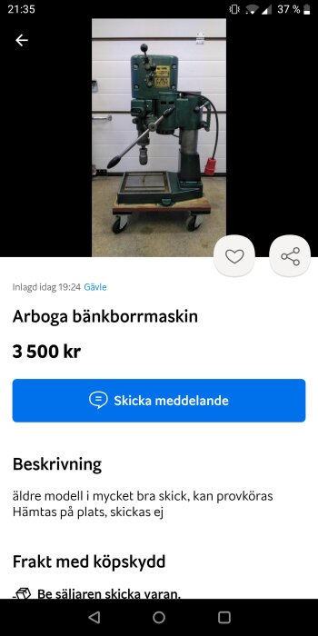 Arboga bänkborrmaskin till salu, äldre modell, grönt, i bra skick, prissatt till 3500 kronor.