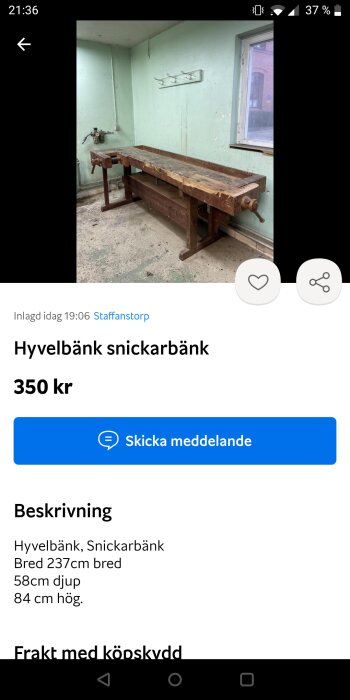 Annonssida visar gammal hyvelbänk till salu i ett rum med sliten vägg och golv.