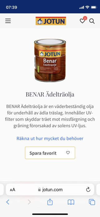 En skärmbild som visar en burk med BENAR Ädelträolja från JOTUN på en hemsida.