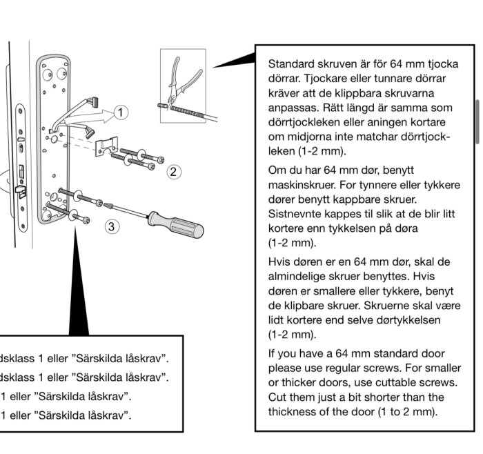 Instruktioner för anpassning av låsskruvar till dörrtjocklek med bilddiagram och text på svenska och engelska.