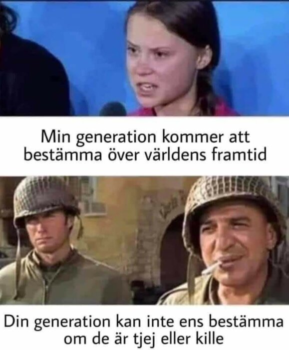 Meme med två bilder och text som jämför olika generationers syn på beslutsförmåga och identitet.