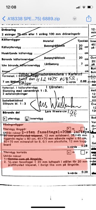 En skärmbild av byggnadsspecifikationer med diagram och tekniska detaljer, text på svenska, undertecknad av en person.