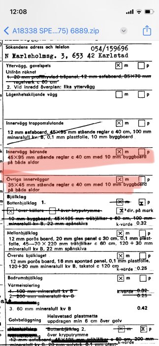 Skärmavbild av dokument, byggnationsspecifikationer, materialmått, isolering, bjälklag.