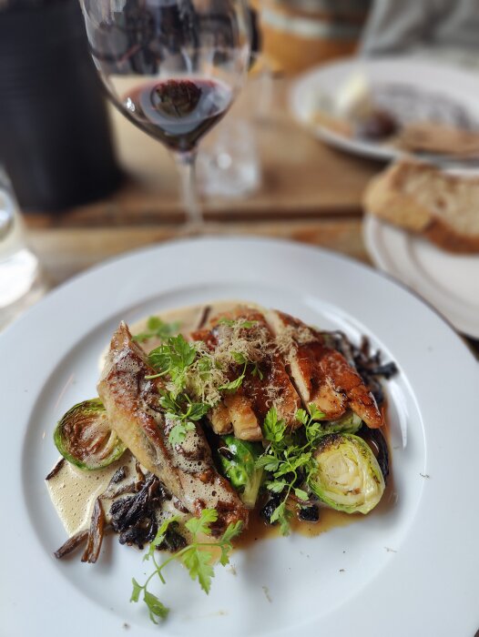 Elegant middagsrätt med fisk, brusselspirer och svamp på en vit tallrik, rödvinsglas i bakgrunden, suddiga personer.