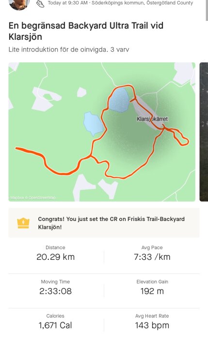 En aktivitetsrapport: löpning 20,29 km, 2:33:08 timmar, runt Klarsjön, nytt rekord etablerat.