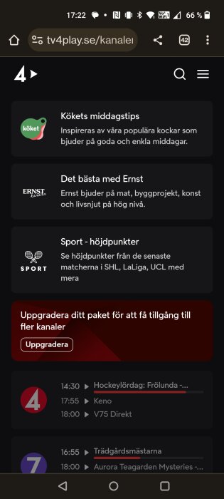 Skärmdump av en webbläsares gränssnitt som visar play-tjänsten för en svensk TV-kanal, med programförslag och tidsschema.