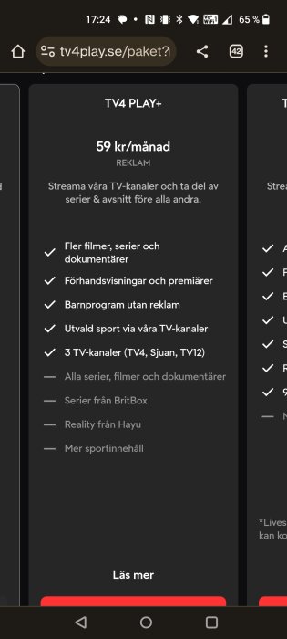 En skärmdump från en mobil som visar prenumerationsalternativ för TV4 Play+ med priser och tjänster listade.