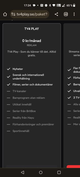 Skärmdump av TV4 Play med abonnemangsalternativ och kostnadsfri version marknadsförd.