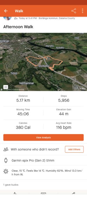Aktivitetslogg för promenad: 5,17 km, 5 956 steg, 380 kalorier, Borlänge kommun, soligt väder.