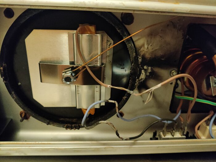 Uppvärmd maskinkomponent, slitage, elsladdar, metallkomponenter, ingen mänsklig närvaro.