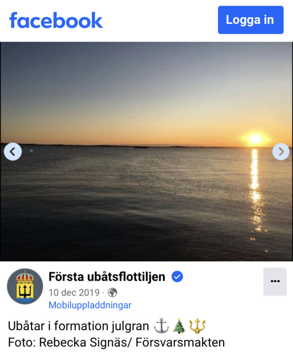 Solnedgång över havet, silhuett av ubåtar i formation, del av Facebook inlägg från Försvarsmakten.