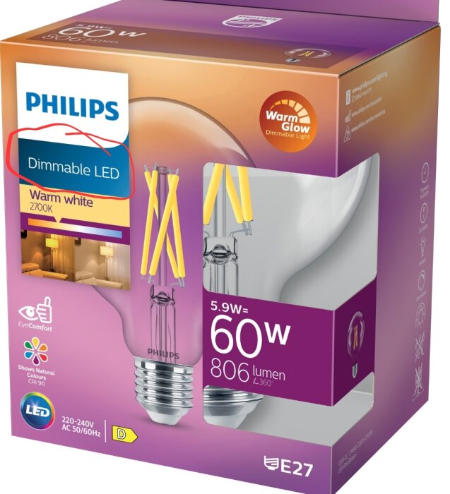 Förpackning av Philips dimbar LED-lampa, varmt vitt ljus, 2700K, 5.9W motsvarar 60W, 806 lumen.