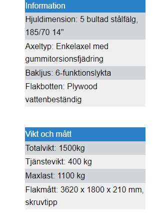 Tekniska specifikationer för en släpvagn: hjul, axeltyp, bakljus, flakmaterial och viktinformation.