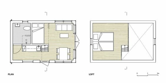 Två arkitektoniska ritningar: planlösning av en våning och layout för ett loft, inredda med möbler, skala angiven.
