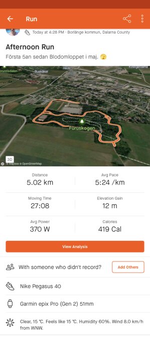 Skärmavbild av löpningsaktivitet: 5,02 km, 27:08 minuter, 419 kalorier, Borlänge kommun.