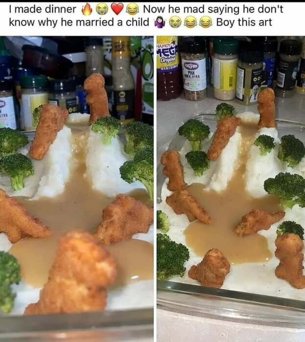 Maträtt liknar barnslig konstverk med nuggets, potatismos, sås, broccoli som skapar figur. Humoristisk ton.