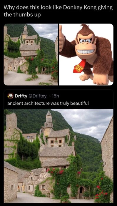 Ett jämförelsememe, by med arkitektur lik Donkey Kong, roligt ordspel, gammal charm, natur.