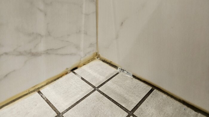Hörn av ett rum med marmorkakel på väggen och ljust golvkakel, smuts och mögel vid fogarna.