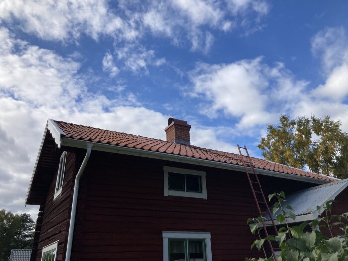 Rött hus, tegeltak, skorsten, stege, fönster, del av växt, molnig himmel.