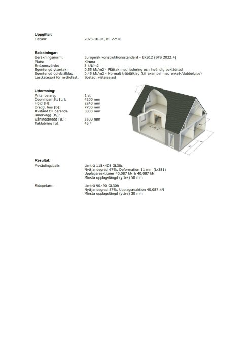Dokument med teknisk analys, husmodell, mått, belastningar, normer. Swedish structural engineering calculations.
