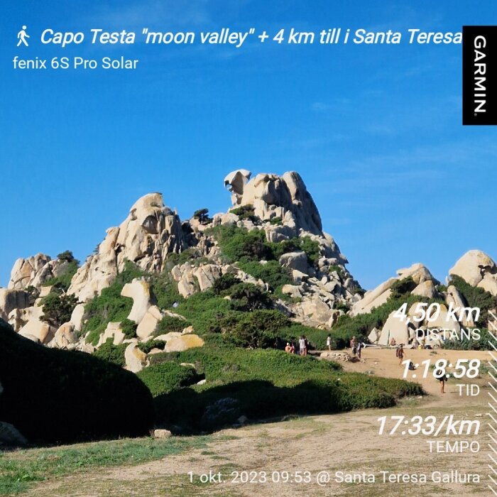 Klippformation, besökare, grönska, blå himmel, datum och statistik från aktivitetsföljare.