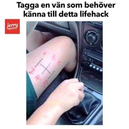 Bild av ett ben med tatuering av fuskark till spel, inne i en bil. Texten uppmanar att dela lifehack.