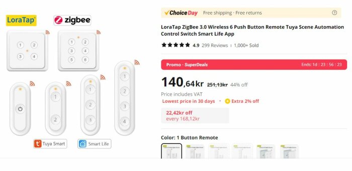 Online-produktsida för trådlösa LoraTap Zigbee Smarta fjärrströmbrytare med rabatt och kundrecensioner.