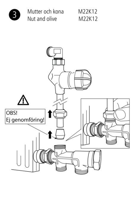 Schematisk bild visar installation av rörkoppling med varningsskylt "OBS! Ej genomföring!"