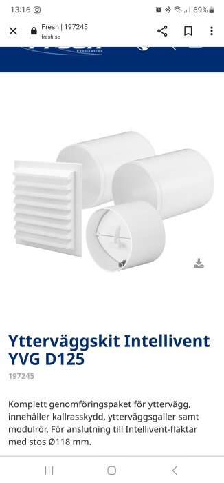 Ytterväggskit för ventilation, inkluderar genomföringsrör, väggskydd och galler, vit.