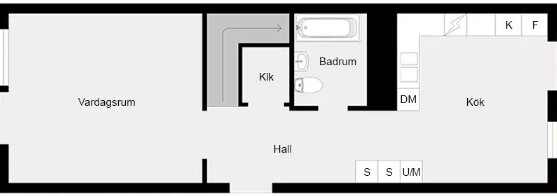 Planritning av en lägenhet med vardagsrum, kök, badrum, hall och klädkammare.