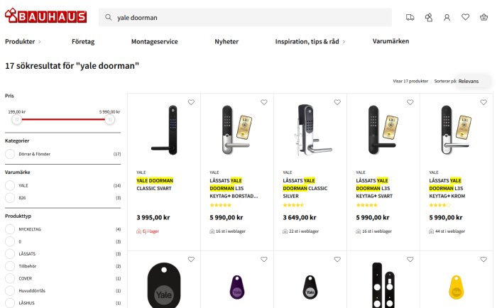 Webbsida med Yale Doorman elektroniska lås och tillbehör, prisinformation och sökfunktion.