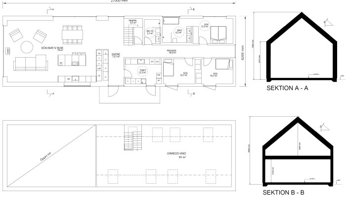 Arkitektritning av en byggnad, innehåller planlösning och sektioner, benämnd med mått och rumsetiketter.