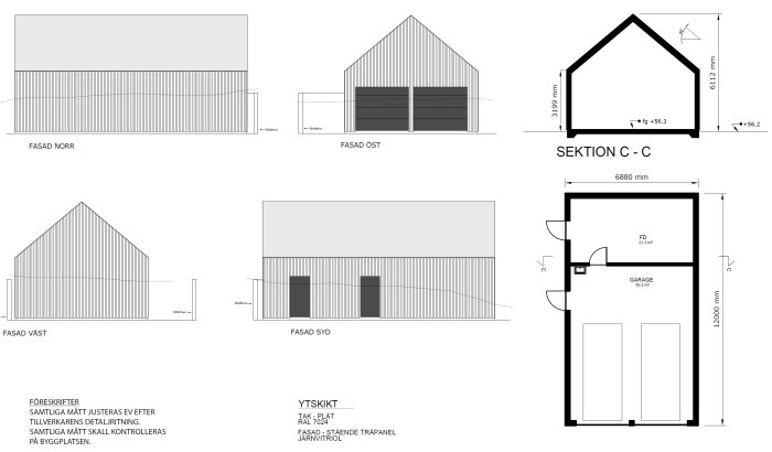 Arkitektritningar av en byggnad: fasader, sektion, planlösning och materialinformation.