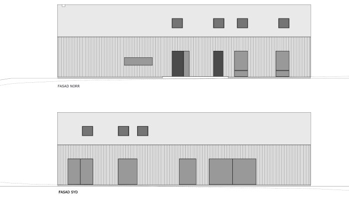 Arkitektonisk ritning av byggnadsfasader, norr och syd, minimalistisk design, fönster, dörrar, strikt symmetri.