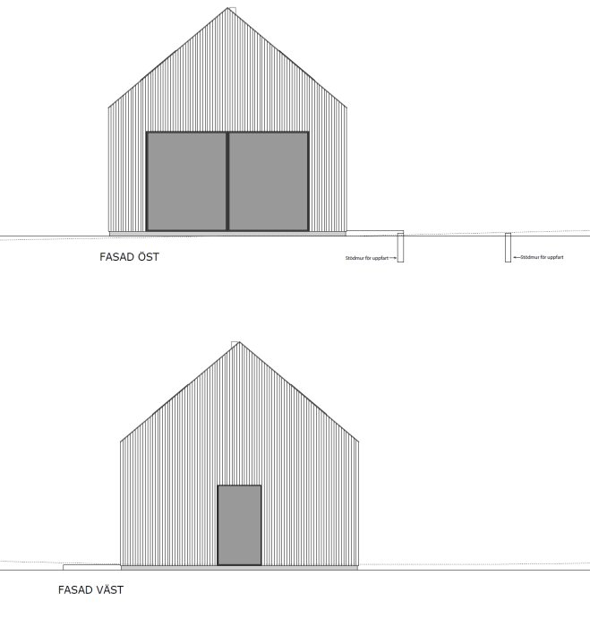 Arkitektritning av husfasader, öst och väst, stående panel, fönster, dörr, minimalistisk design.