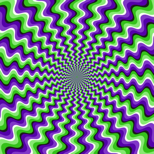 Psykedeliskt mönster med vågor i lila och grönt som skapar en optisk illusion.