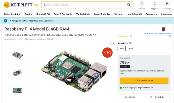 Raspberry Pi 4 dator på webshop, rea -19%, 4GB RAM, quad-core processor, WiFi, Bluetooth, USB, HDMI.