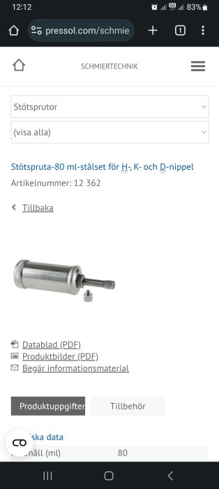 Skärmbild av en webbsida som visar en 80 ml stötspurta för smörjning, inklusive artikelnummer och begäran om material.