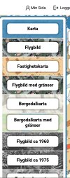Det är en skärmdump av en webbplats med en meny för olika typer av kartor, som flygbilder och berggrundskartor.
