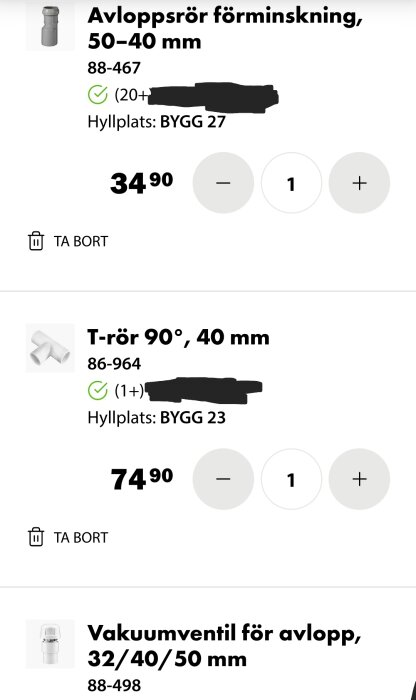 Skärmdump av onlinebutik med avloppsdelar: förminksning, T-rör och vakuumentil med priser och lagerstatus.