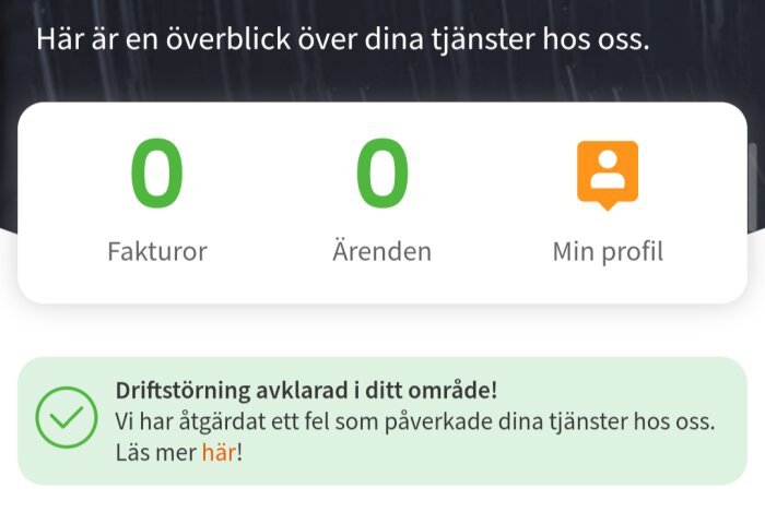 Kundportal skärm, inga öppna fakturor eller ärenden, driftstörning åtgärdad, profilikon, gröna indikatorer, svensk text.