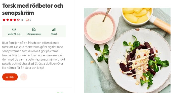 Recept för torsk med rödbetor, senapskräm, food rating, ingredienser, och tillagningsinformation visas.