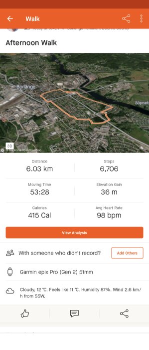 Bild på skärmdump från träningsapp visar en eftermiddagspromenad på 6,03 km, 53 minuter, i Borlänge.
