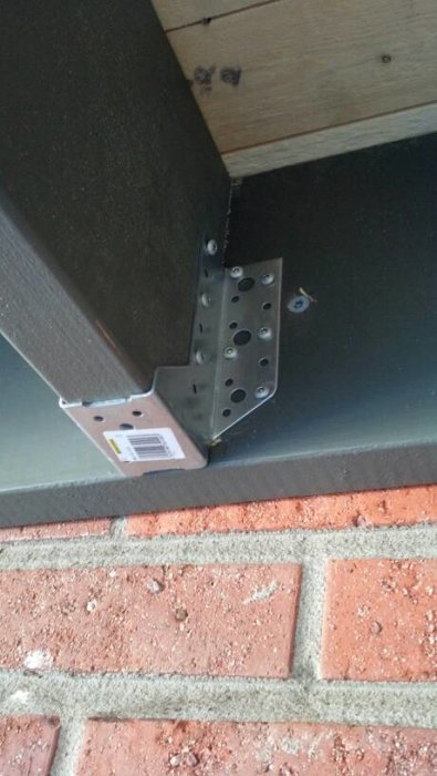 Balksko med flere ubrukte skruehull, montert på en trebjelke, festet til murstein. Treveggen vises i bakgrunnen.