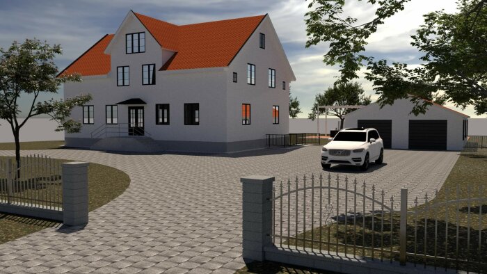 3D-rendering av ett vitt hus, tegeltak, garage, SUV-bil, stenlagd uppfart, staket, träd.