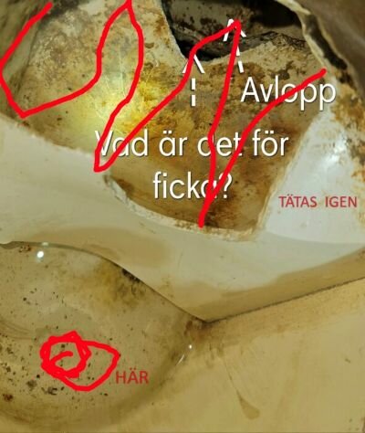 Smutsigt handfat med påskrifter och pilmarkeringar; frågor om avlopp och fläckar, hår identifierat.