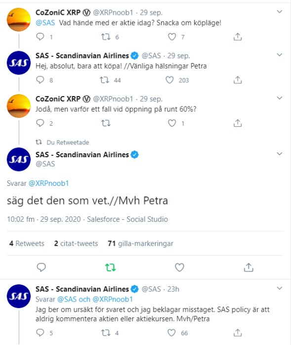 Skärmdump av Twitter-konversation, SAS involverad i diskussion om aktie, följt av ursäkt för svar.